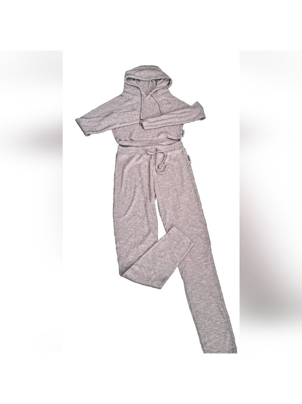 GYMSHARK Lounger set cropped hooded sweater pants ribbed knit stretch taupe S-M
